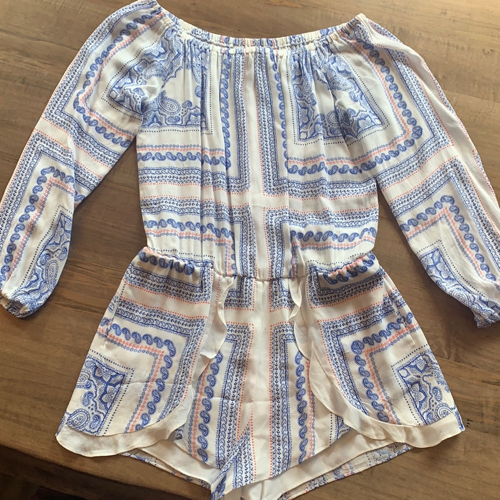 Lovers + Friends White Off-Shoulder Printed Romper with Blue & Pink Pattern